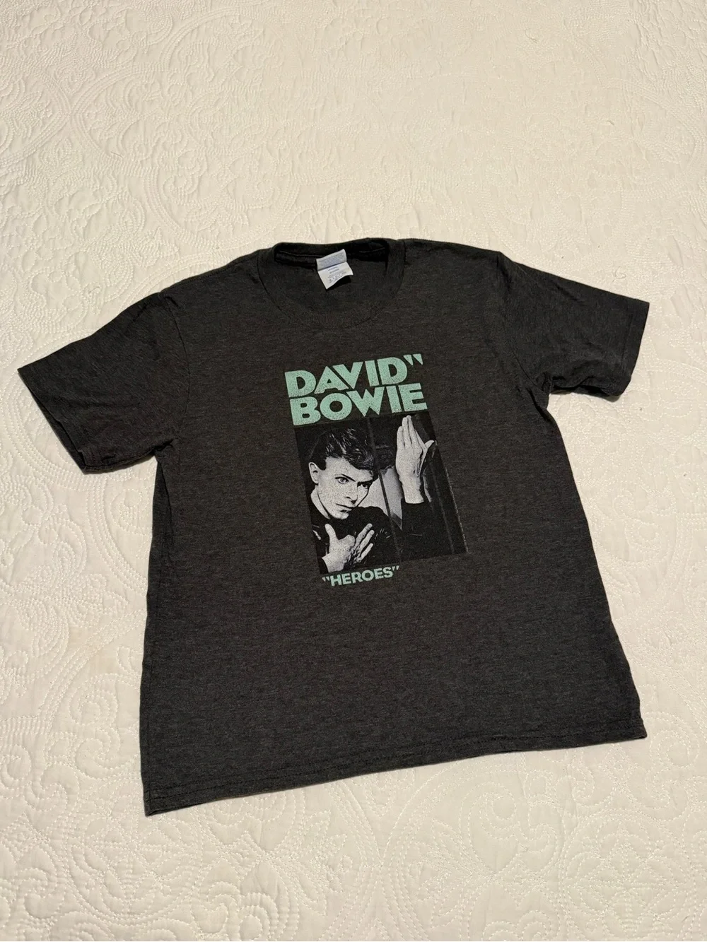 David Bowie 'Heroes' Short Sleeve Graphic Tee - Charcoal with Mint Print